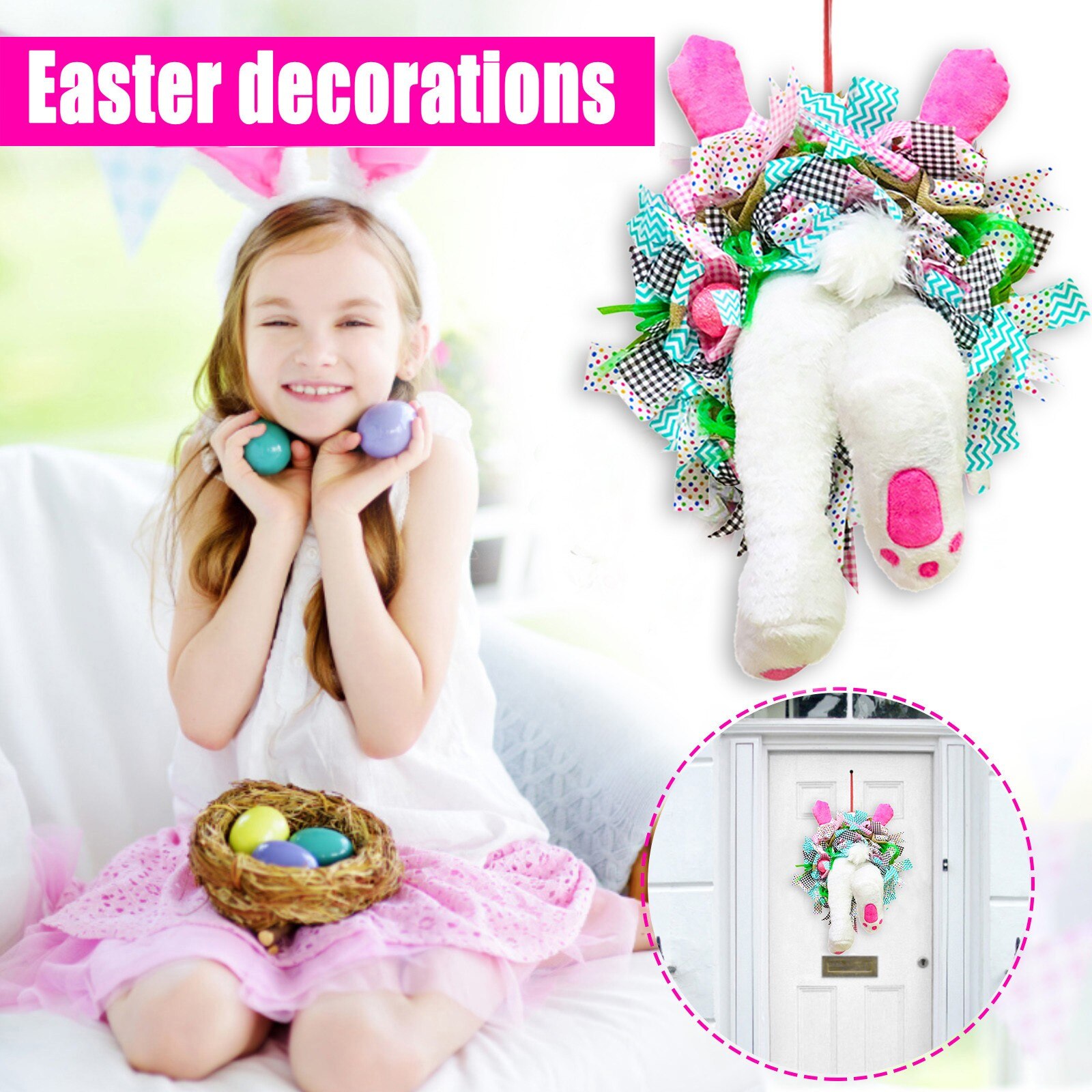 Pasen Krans Decor Met Konijn Kont Oren Lente Krans Voor Voordeur Muur Opknoping, Pasen Dief Bunny Kransen, Outdoor Indoor Pasen Feestbenodigdheden