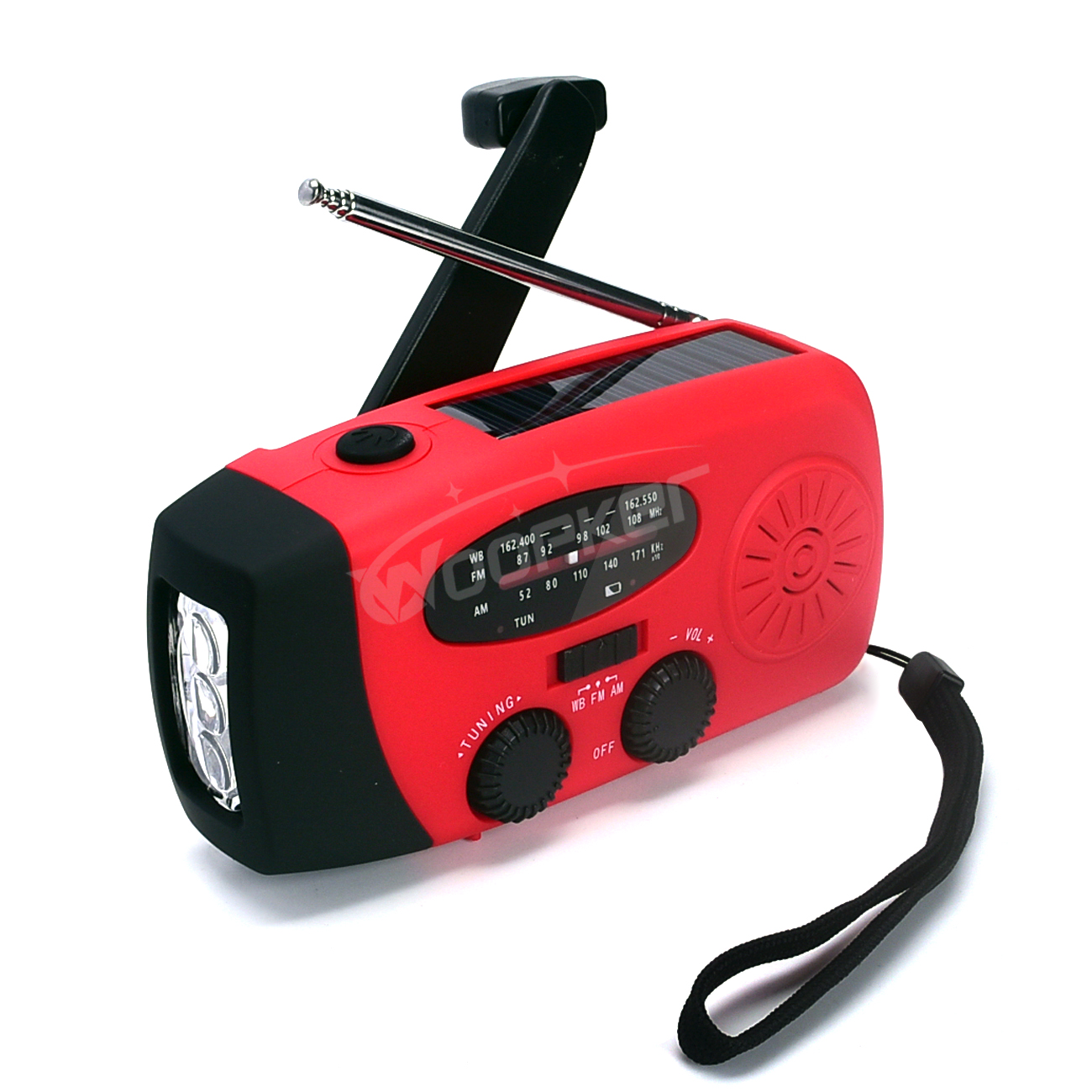 Radio ratunkowe Woopker E01 korba ręczna Solar USB (FM/ AM/ NOAA) WB radia pogodowe z powerbankiem latarki: Czerwony
