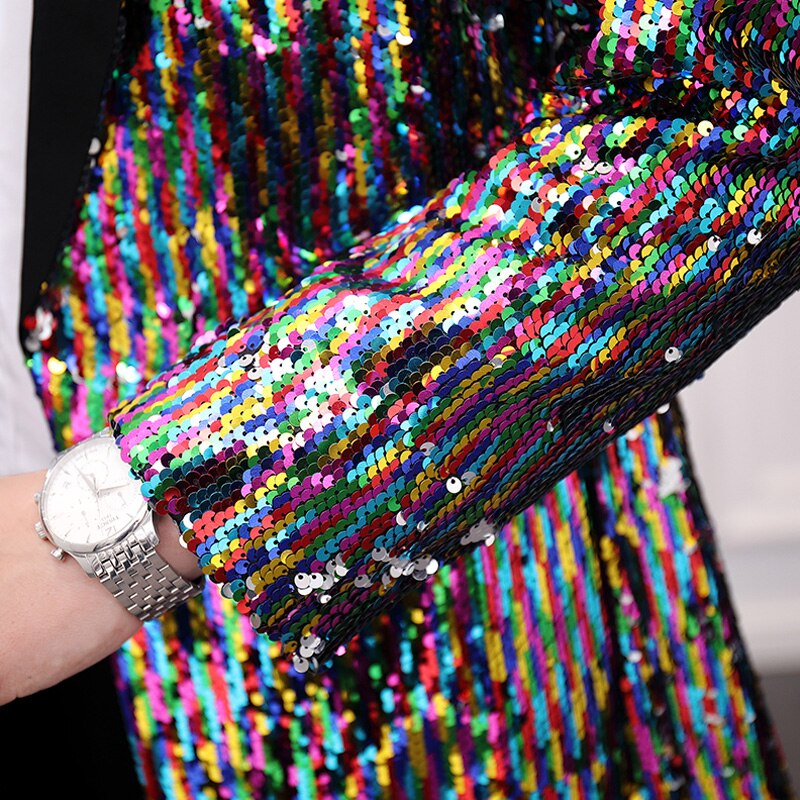 Men's Casual Jacket Trendy Long Colorful Sequins Color-changing Buttonless Shawl Collar Windbreaker Club Party Clothing