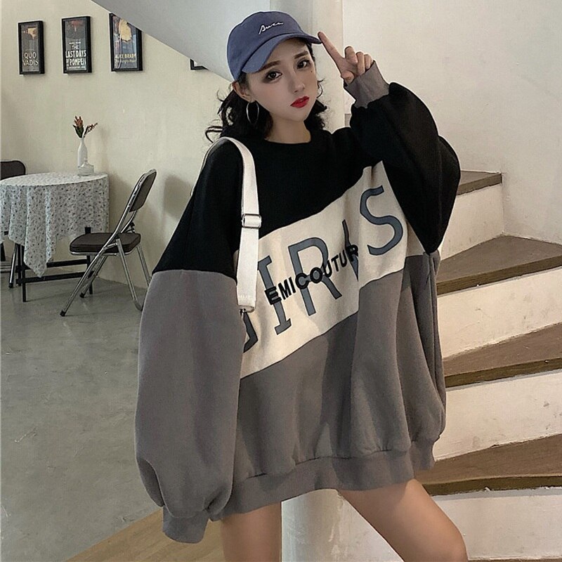 Otoño Invierno mujeres sudaderas polar hoodies patchwork carta de talla grande 6XL 8XL oversize ropa informal suelta sudaderas con capucha de Hip hop: 8XL-115-135KG
