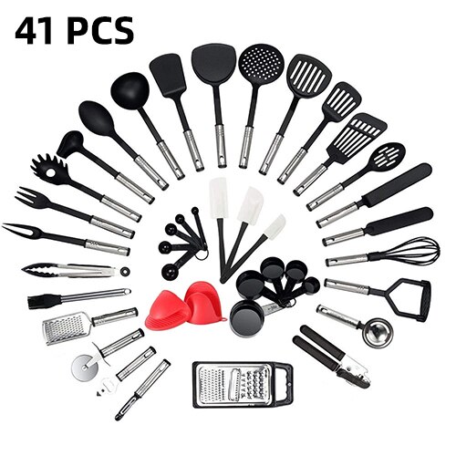 Utensilios de cocina de acero inoxidable, juego completo de espátula antiadherente de nailon, cuchara, suministros de cocina: 41PCS