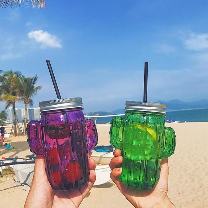 ¡Novedad de ! vaso de agua pequeño con forma de Cactus, Pajita de cristal, vaso de agua para el verano, para el hogar, zumo, bebida fría, vaso de albañil