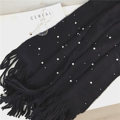 Bufanda tejida cálida de invierno para mujer de de Luna y Delfín, bufandas suaves con cuentas de perlas y perlas, bufanda de lana con borlas, manta Pashmina grande: black