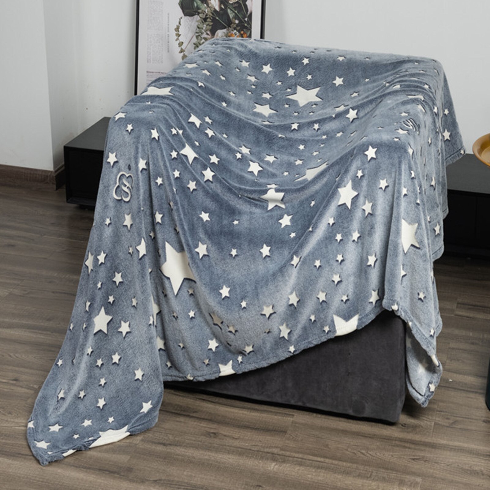 Glow In The Dark Fleece Blanket Throw Grey Stars Plush Furry Throw Warm Blanket Sofa Bedspread