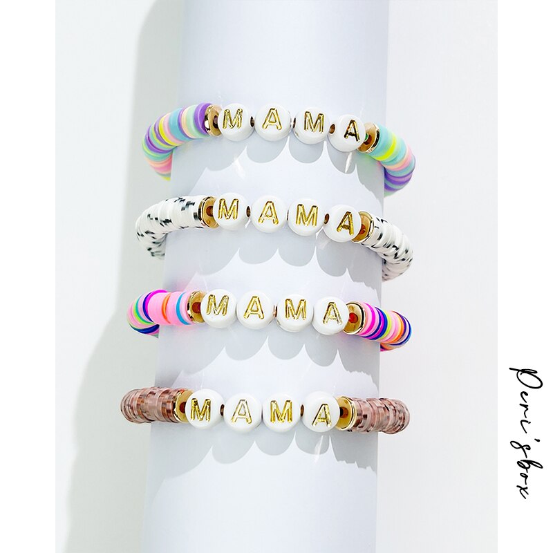 Peri&#39;sbox Cute Handmade Rainbow Polymer Clay Disc Bead Bracelet With Acrylic MAMA Letter For Mother&#39;s Day Jewelry