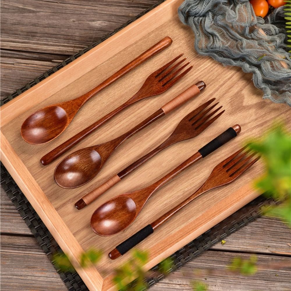 Cuchara de madera Natural, tenedor, Kit de cena, utensilio para sopa de arroz, cereales, utensilios de cocina caseros hechos a mano, vajilla, cubiertos para Cocina
