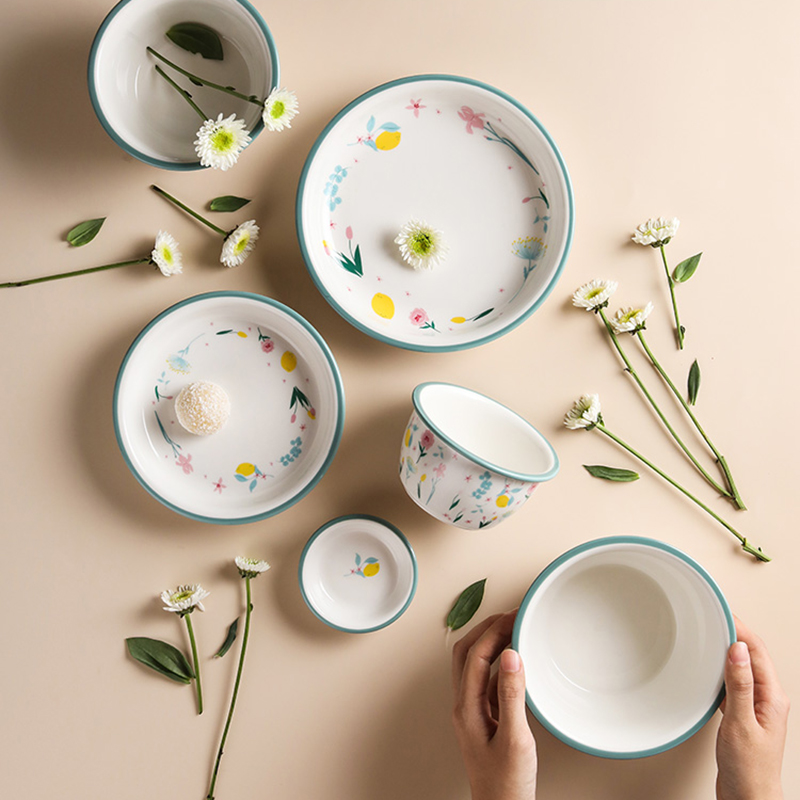 Housewares Kitchen Dishes and Plates Sets Green Side Ceramic Tableware Set European-Style Home Fruit Salad Bowl