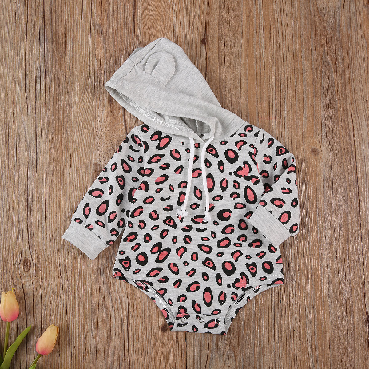 Peuter Baby Meisjes Jongens Oren Hoodie Jumpsuits Pak, Baby Lange Mouw Bodysuit, luipaard Afdrukken Hoodie Lente Herfst