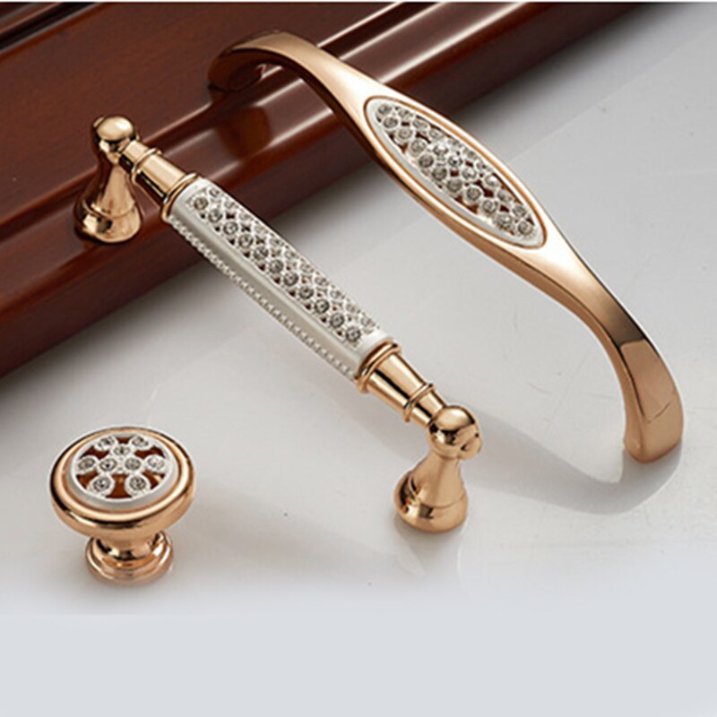 Champagne Gold Door Handles With Diamond Luxury Zinc Alloy Cabinet Drawer Knobs European Wardrobe Furniture Pulls Hardware