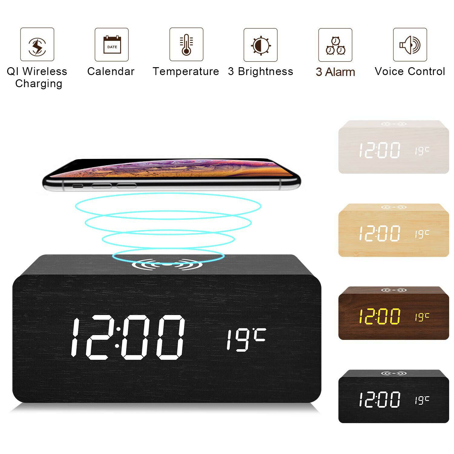 Modern Wooden Wood Digital LED Desk Alarm Clock Thermometer Wireless Charger