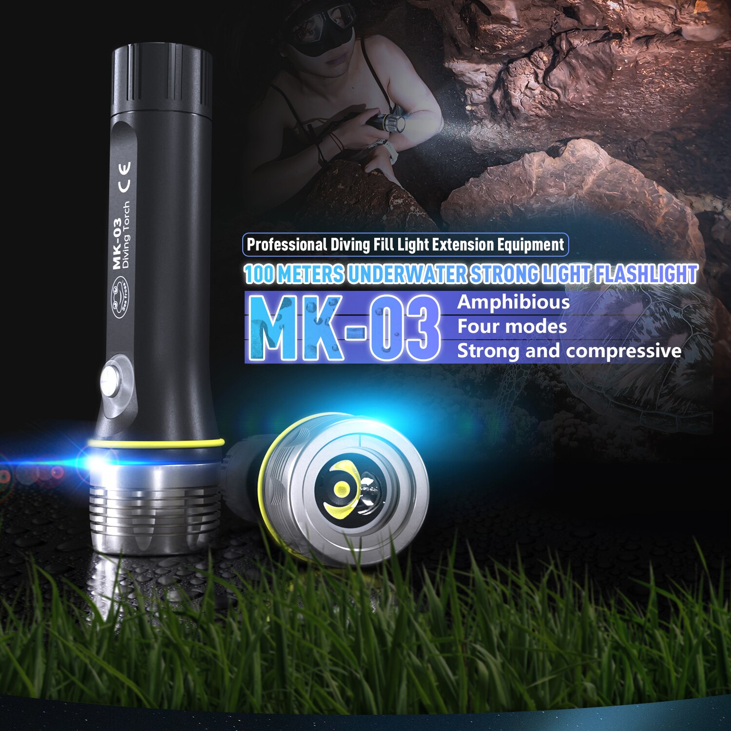 Super bright Diving Flashlight IP68 highest waterproof rating diving light Powered by 18650 battery With hand rope