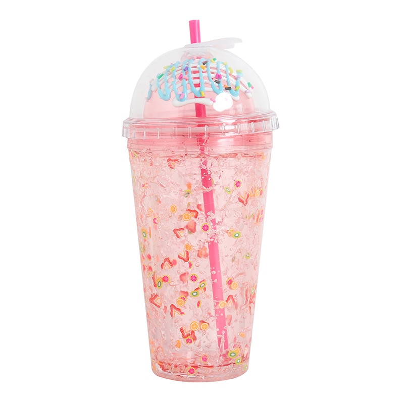 Summer Fruit Ice Cup Double Layer Refrigeration Net Red Straw Plastic Cup Large Capacity Korean Hipster Cup