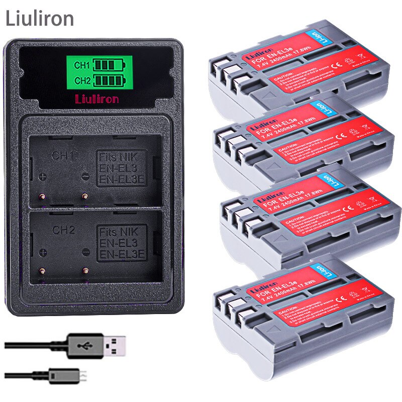 4X 7.4V 2400MAH EN-EL3E EN EL3e ENEL3e EL3 Battery + LCD CHARGER For Nikon D300S D300 D100 D200 D700 D70S D70 D80s D80 D90 D50: charger and 4battery