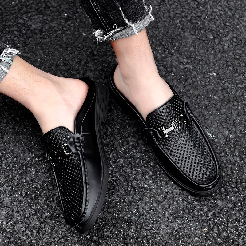 Medias zapatillas de verano para hombres, cómodas zapatillas de exterior para hombres, zapatos de cuero con agujeros, zapatos de conducción informales, zapatos de cuero, zapatillas de deporte