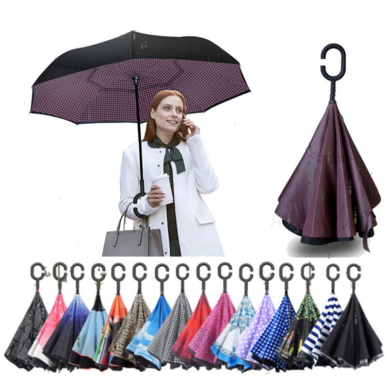 Paraguas de golf para mujer, sombrilla invertida de doble capa, plegable, con vástago largo, a prueba de viento, con gancho en C,