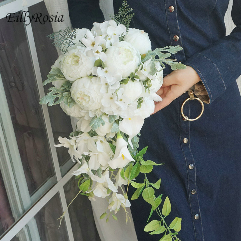 Simulation gouttelettes tenant fleurs cascade mariée Bouquet église romantique mariage décoration blanc Rose dentelle poignée