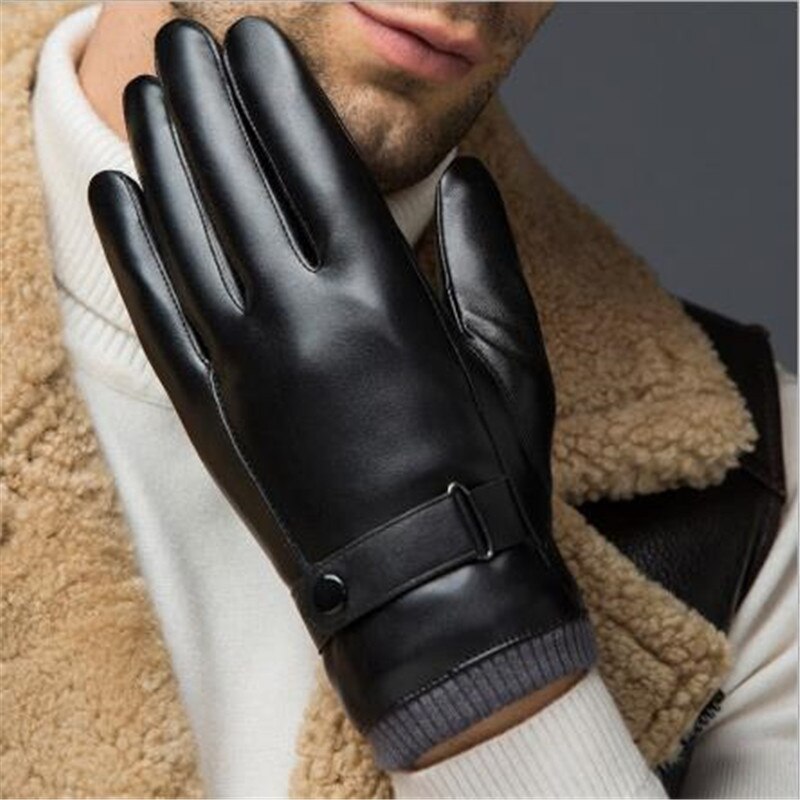 Mannen Schapenvacht Lederen Handschoenen Herfst Winter Waterdicht Warm Volledige Vinger Touch Screen Zwarte Handschoenen