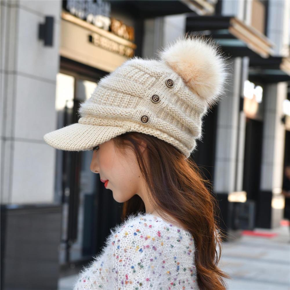 Gorro de lana con forma de bola para mujer, gorro de lana con forma de cúpula cálida, con botones, en 6 colores, para invierno y otoño