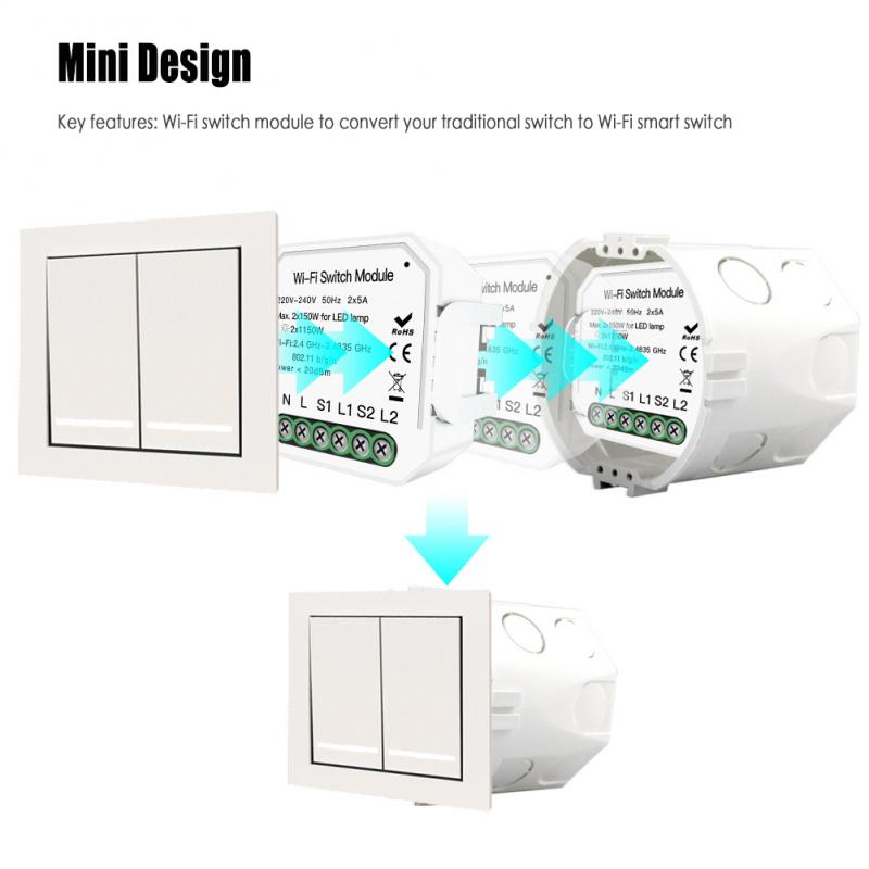 2 Gang 2 Way Wifi Smart Light Switch Breaker Module Smart Life Tuya APP Remote Control Switch Controller Wifi Switch