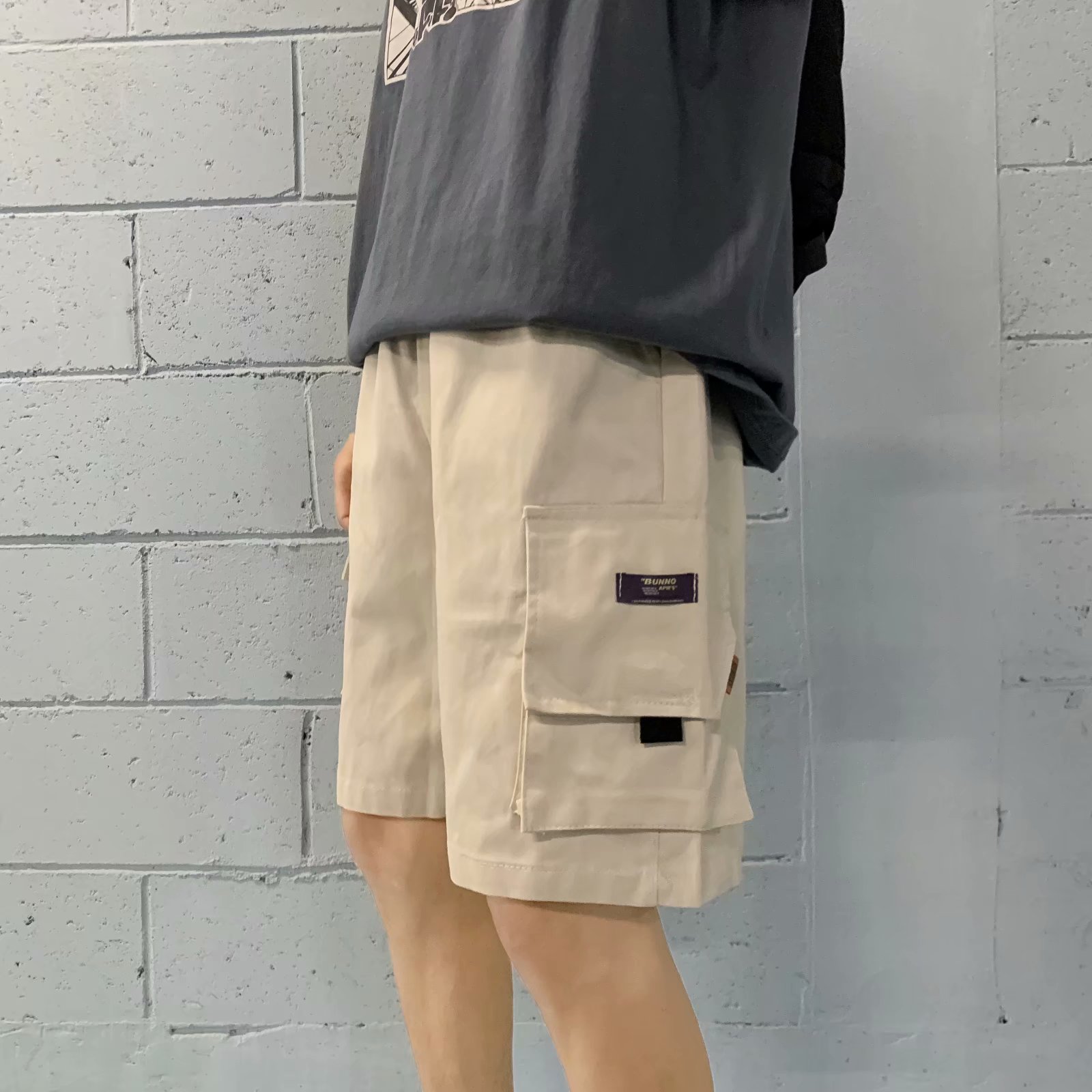 Corée à la hommes Cargo Shorts cordon lâche demi-pantalon marée décontracté Sup Streetwear grande poche coton sport pantalons de plage: apricot / Asian size M