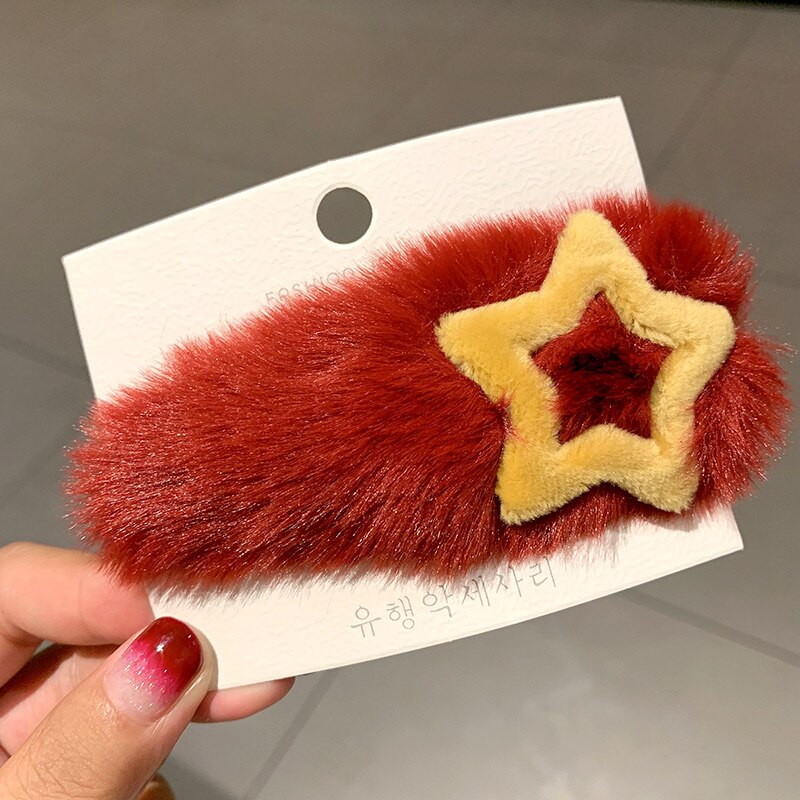 Vrouwen Meisjes Leuke Winter Zacht Pluche Ster Haarspelden Zoete Haar Ornament Hoofdband Haarspeldjes Hair Clips Haaraccessoires: Wine Red