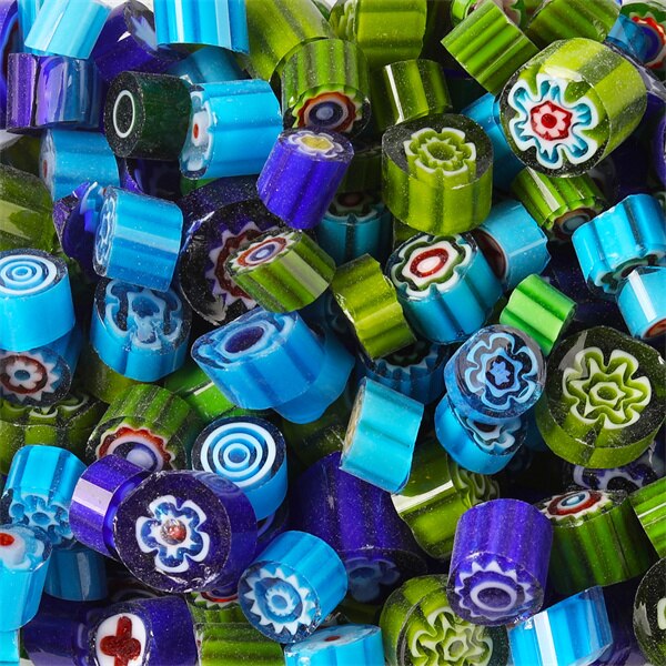 400g/14.11oz Colorful Millefiori Glass Beads Mosaic Tiles Thousand Flower Beads Cylinder Shape DIY Hobbies and Crafts Materials: Blue Green Mix