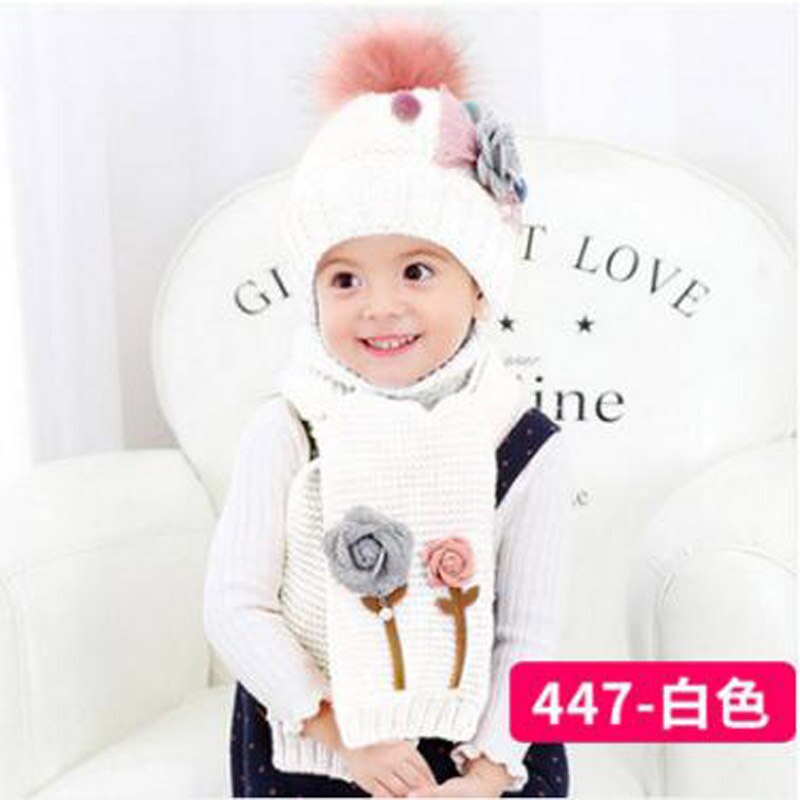 Doitbest flower children's winter hat beanies sets velvet wool kids boys Knit fur hats winter 2 pcs baby girl scarf set: white