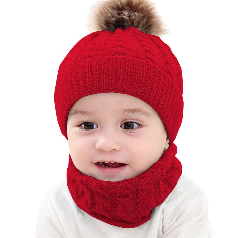 2 stk sød kid pige dreng baby spædbarn vinter varm hæklet strik hat beanie cap + tørklæde solidt sæt: Rød