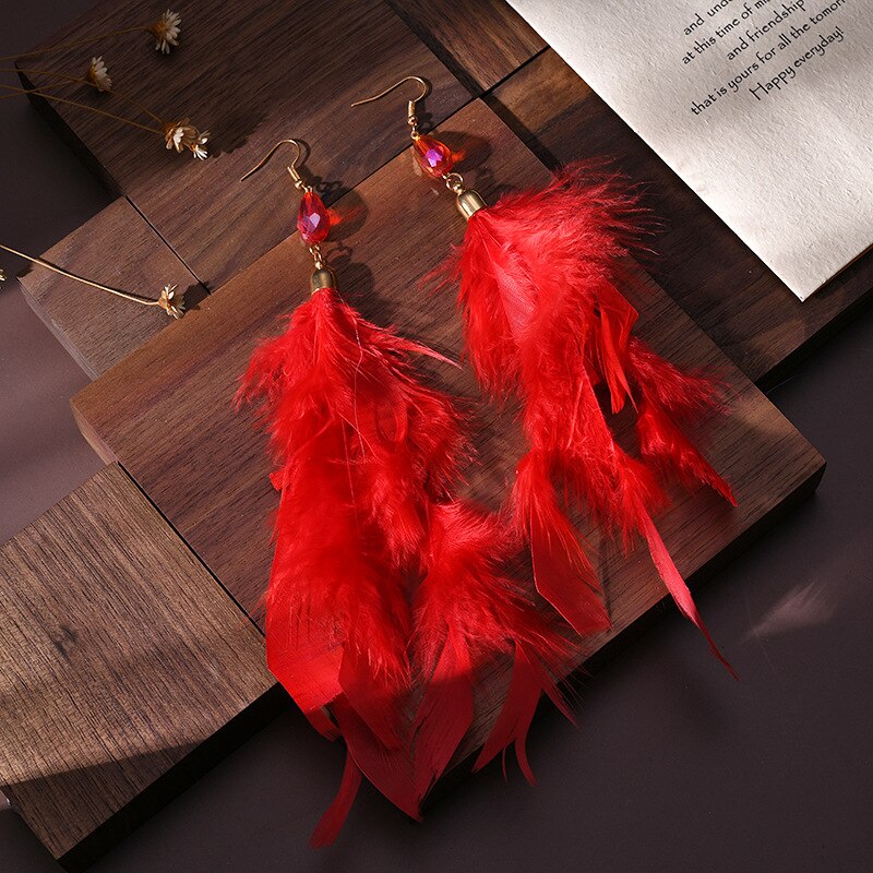 Pendientes largos de pluma roja para mujer, aretes colgantes de , estilo bohemio Vintage, hoja dorada, piedra, joyería India