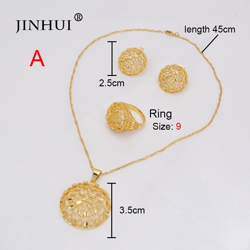 Ethiopia 24K gold plated Dubai jewelry sets women African Party wedding Necklace and Earrings ring sets 45cm Pendant: A