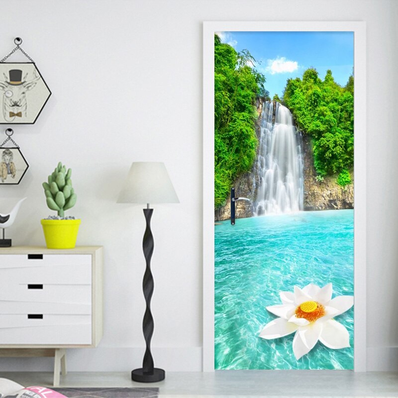 Waterfalls Landscape Door Sticker Living Room Kitchen Waterproof Wallpaper PVC Self-Adhesive 3D Wall Mural Home Decor Door Decal