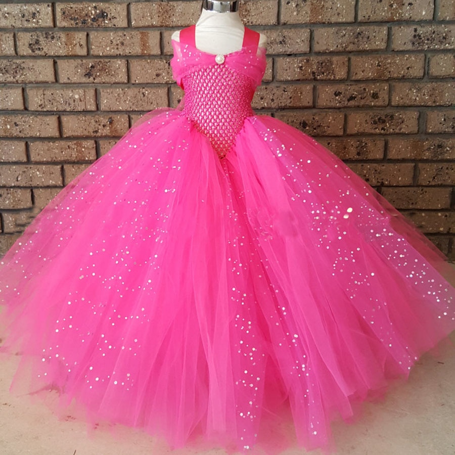 Meisjes Roze Glitter Tutu Jurk Kids Haak Sparkle Tule Jurk Lange Baljurk Kinderen Verjaardagsfeestje Kostuum Prinses Jurk