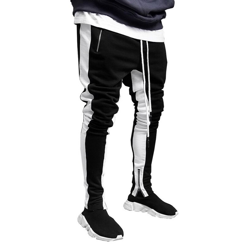 Herre joggers lynlås afslappede bukser fitness sportstøj træningsdragt underdele skinny sweatpants bukser sorte fitness gym jogger joggers: M / Sort og hvid