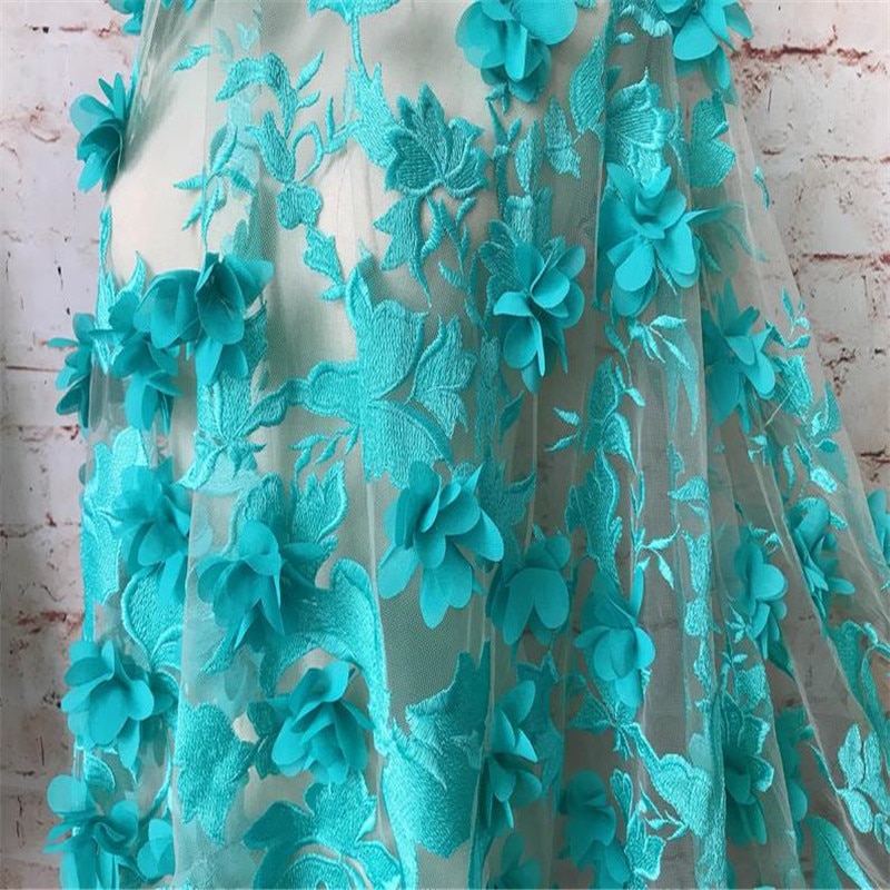 Türkis Bestickt Spitze Stoff Weiche 3D Chiffon Blume Tüll Stoff Braut Spitze Hochzeit Stoff von der werft