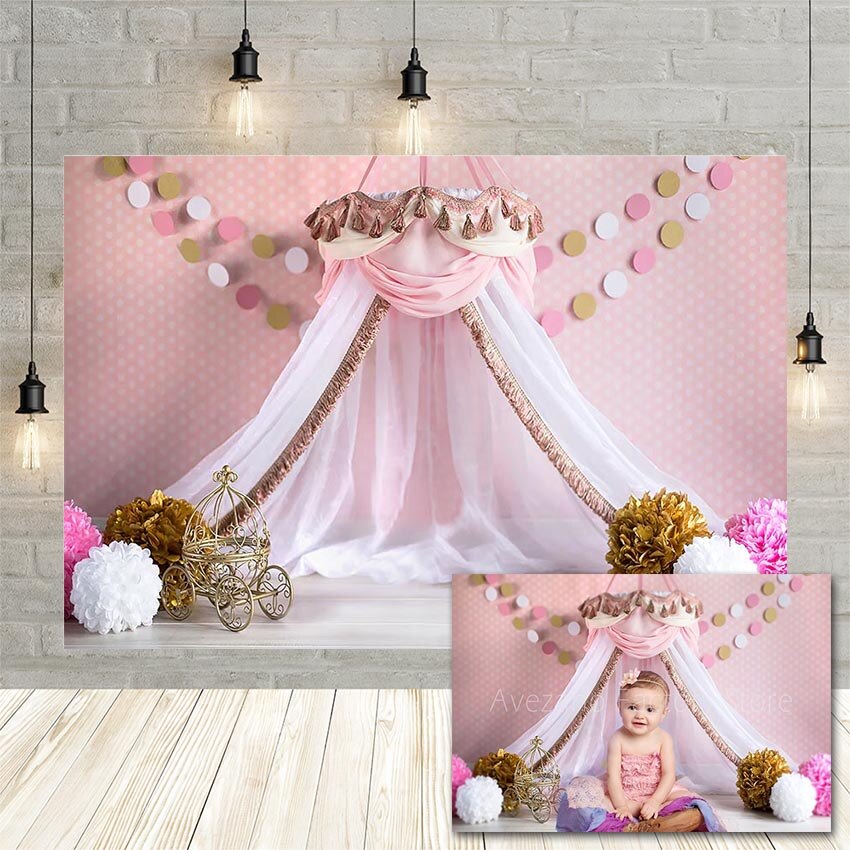 Avezano Prinses Huis Tent Fotografie Achtergrond Roze Stippen Bloem Meisje Verjaardag Portret Achtergrond Fotostudio Photocall