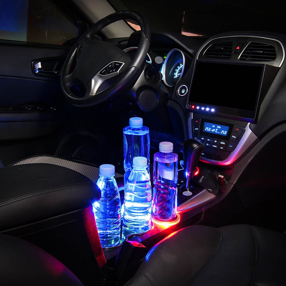 Solar Car Cup Holder With LED Light Bottom Mat Pad Cover Lamp Bottle Drinks Coaster Car Styling
