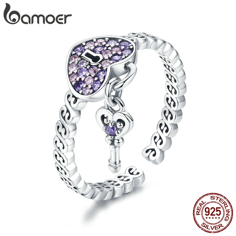 Bamoer Echt 925 Sterling Silver Love Heart Key Paars Cz Vinger Ringen Voor Vrouwen Wedding Engagement Sieraden Anel SCR486