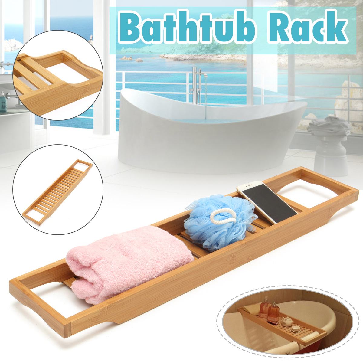 Extendable Bamboo Bath Caddy Tray Adjustable Home Spa Wooden Bathtub Tray Book Wine Tablet Holder Reading Rack