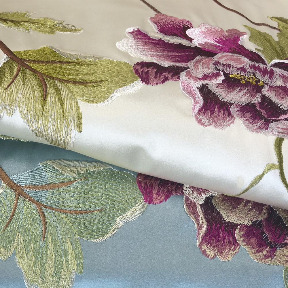 Luksuriøs kinesisk stil rose blomster broderi faux silke som hjem gardin stol pude dekorativt stof 140 cm bredde 2 farver