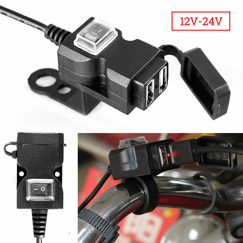 Waterproof Dual USB 12V Motorcycle Handlebar Charger Socket w/ Switch & Mounts