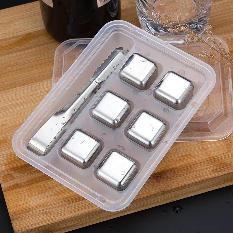 Cubitos de hielo de acero inoxidable 304 con caja de grano de hielo helado de Metal café bebida whisky Bar Wineware suministros creativos: 6 Pack With Tongs