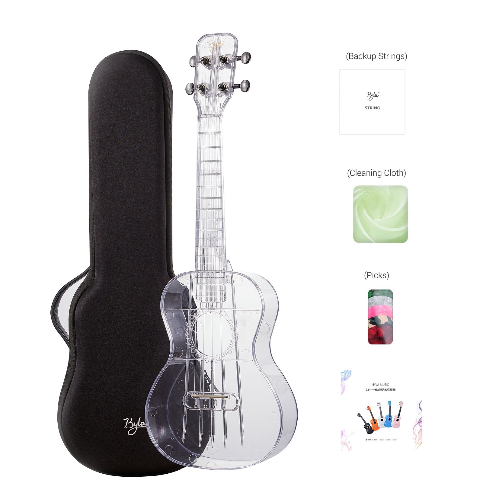 Ukelele transparente Air-nova de 23 pulgadas, instrumento con bolsa para Gig, púas, paño de limpieza, libro de música, mini Guitarra: Transparent