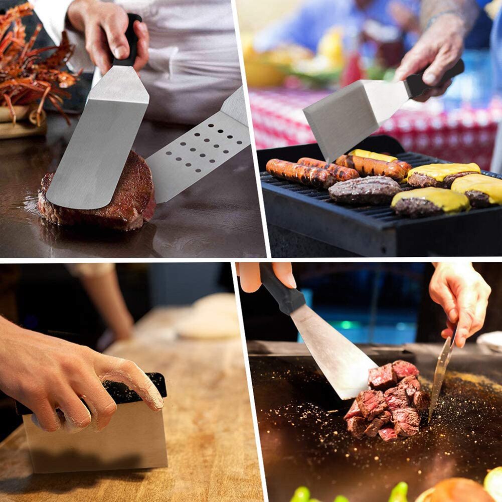 Acero inoxidable Steak pala para fritos Leaky espátula para masa de Pizza Peel Spade herramienta de cocina mango de plástico, herramienta de barbacoa de cocina, no pegajoso