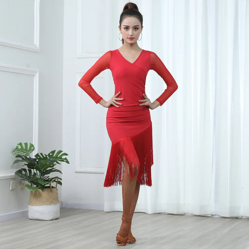 Vestido de baile latino negro de manga corta con borlas para mujer, vestido de una pieza para baile latino, trajes de tango Cha Rumba: 4XL / Castaño