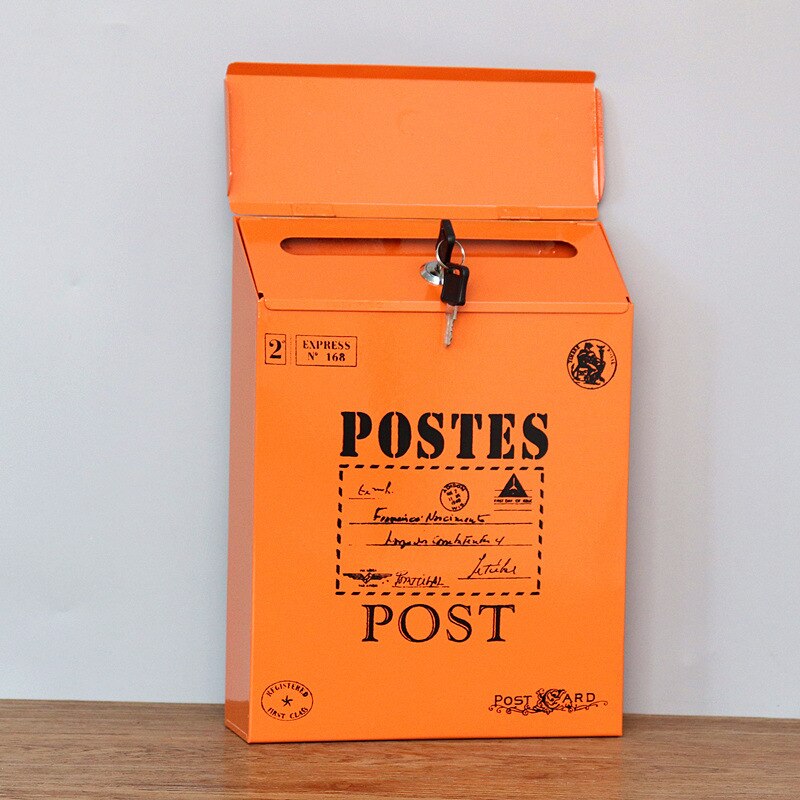 European Style Iron Belt Lock Mailbox American Mailbox Suggestion Box Wall-mounted Rural Style Letter Box: orange 2