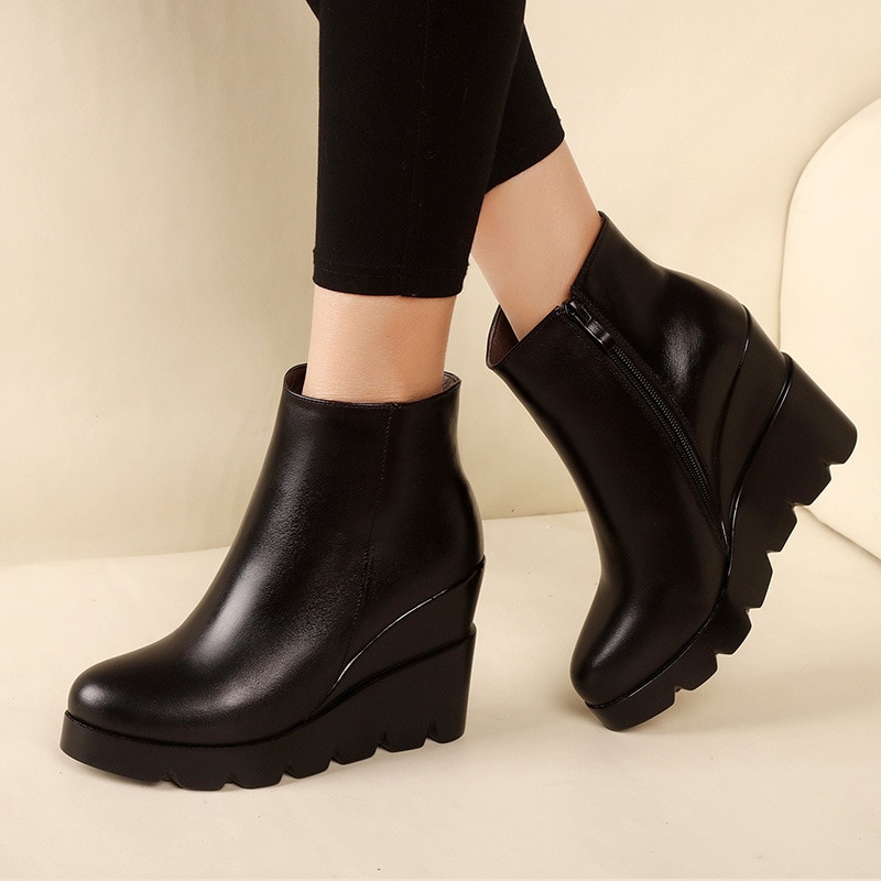 Otoño e Invierno de plataforma de cuero suave zapatos de tacón alto chica cuñas tobillo botas zapatos de para mujer botas Mujer talla 34-40