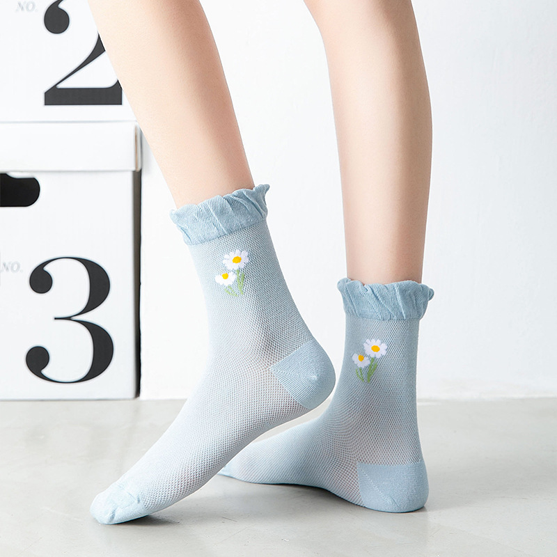 Baumwoll socken Frauen weiße Spitze weibliche dünne Mittel rohr eins Blumen druck niedlichen Baumwolle Frühling Herbst Sommer Rüschen Mädchen Strümpfe