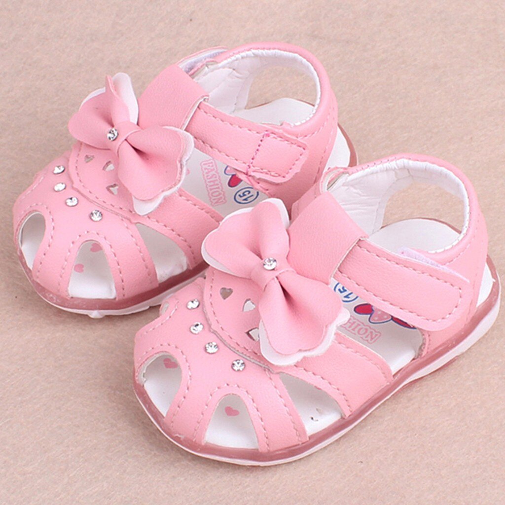 Princess Children's Sandal Girls Solid Color Tile Sun Bow Knot Lighting Beach Sandals Girls Shoes Cute Soft Shoes Sandal Shallow