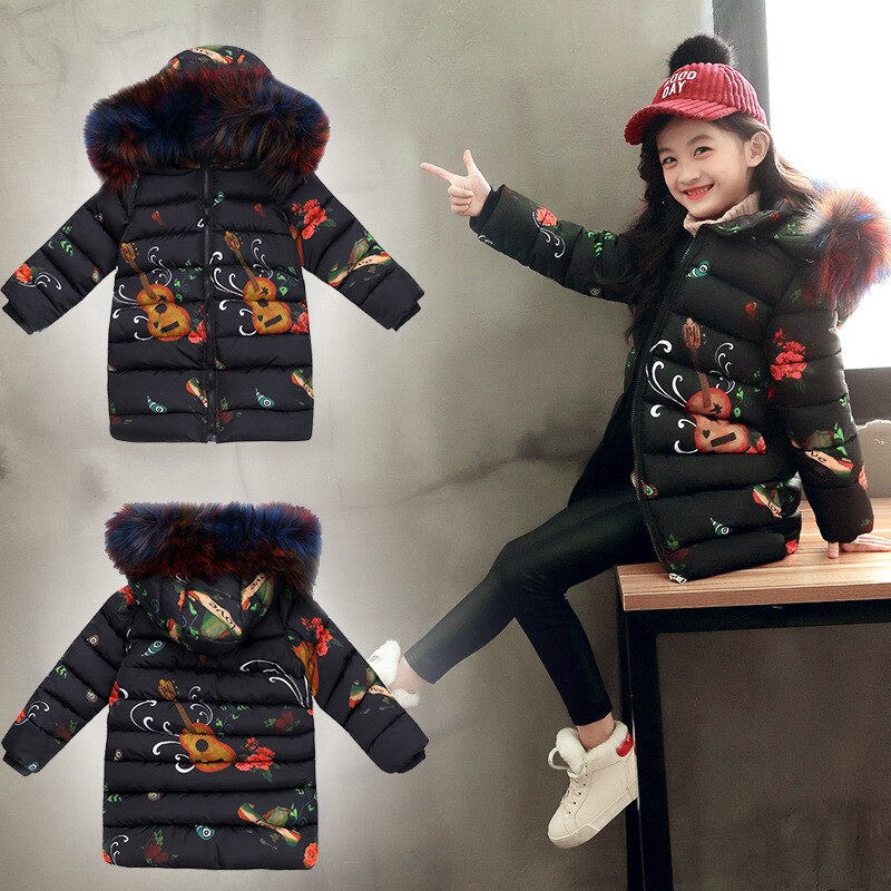 Winter Baby Meisje Jas Warm Donsjack Katoenen Jas Viool Brief Afdrukken Grote Bontkraag Lange Capuchon Katoenen Jas