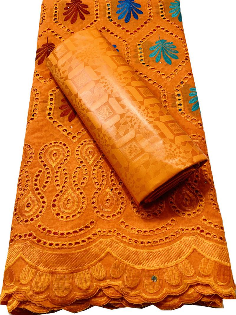 2022 Dry Laces 2.5+2.5 Yards With Bazin Riche Fabric Swiss Voile Senegal African Wedding Bride Dress YKM120 Orange: AS PIC13